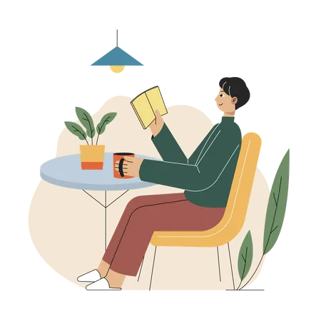 Junge liest Buch beim Sitzen im Café  Illustration