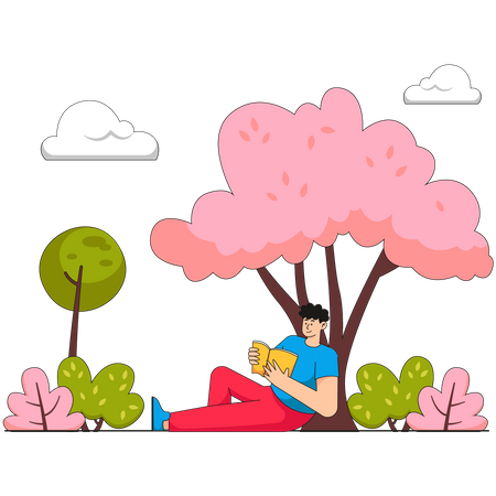 Junge liest Buch beim Sitzen unter Baum  Illustration