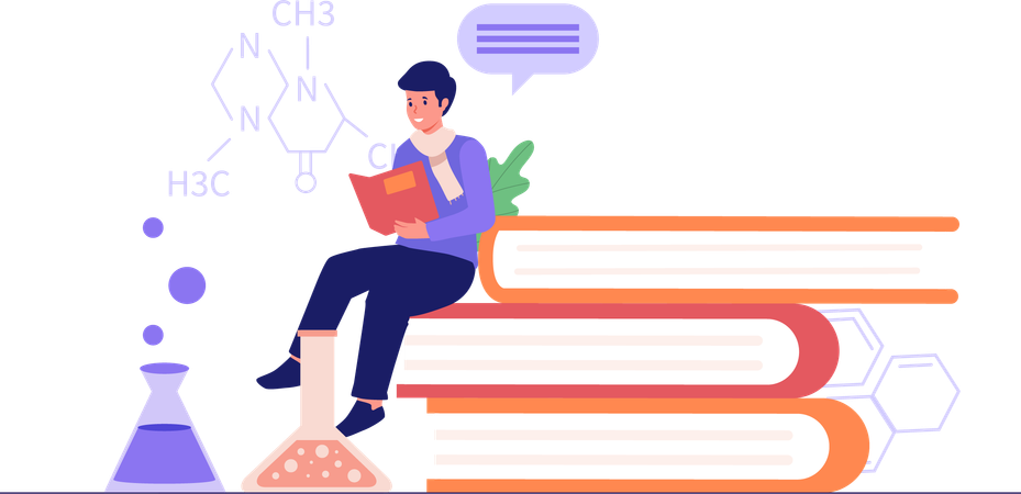 Junge liest Chemieformeln  Illustration