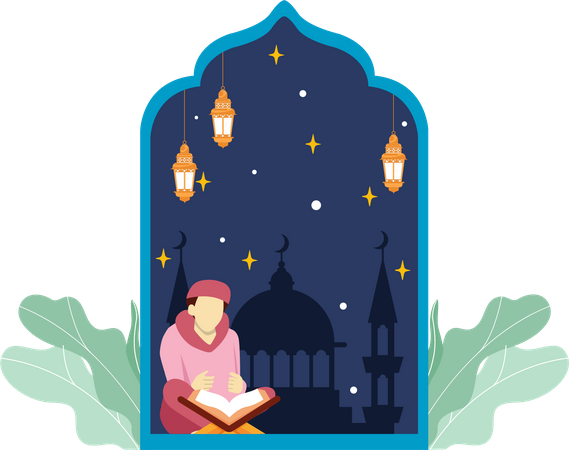 Junge liest den Koran in der Ramadan-Nacht  Illustration