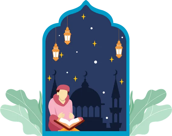 Junge liest den Koran in der Ramadan-Nacht  Illustration