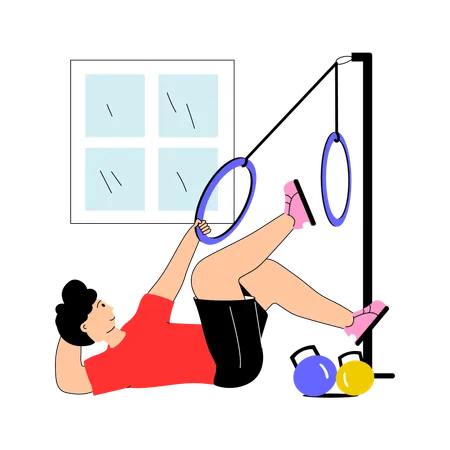 Junge macht Bauchmuskelübungen mit Turnringen und Kugelhanteln  Illustration