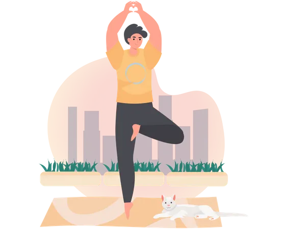 Junge macht Yoga-Pose am Baum  Illustration