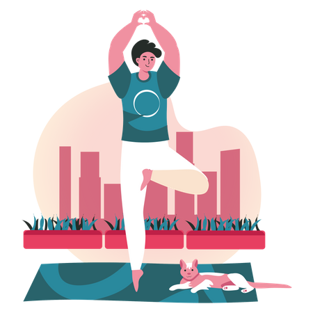 Junge macht Yoga-Pose am Baum  Illustration