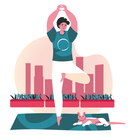 Junge macht Yoga-Pose am Baum  Illustration