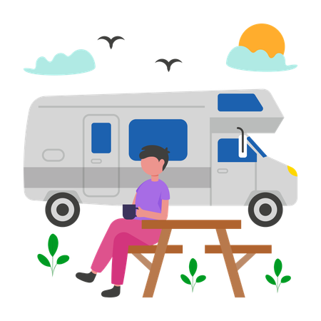 Junge macht Camping mit Wohnwagen  Illustration
