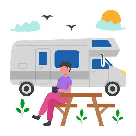 Junge macht Camping mit Wohnwagen  Illustration