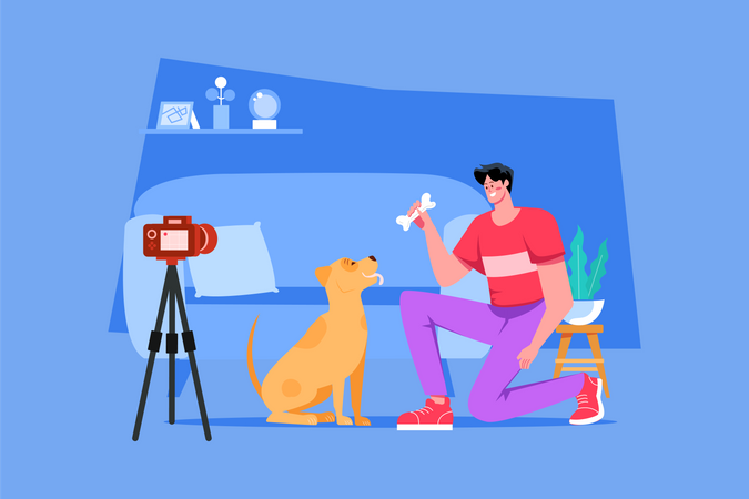 Junge macht Live-Streaming vom Hundetraining  Illustration