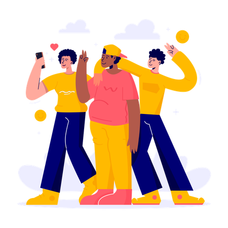 Junge macht Selfie mit Freunden  Illustration