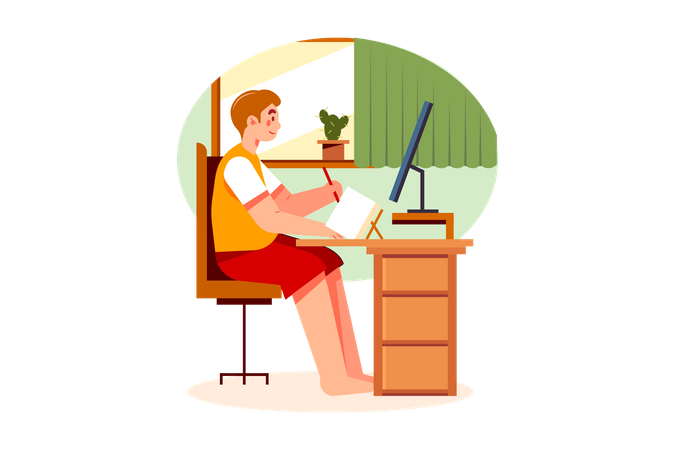 Junge macht sich im Online-Unterricht Notizen  Illustration