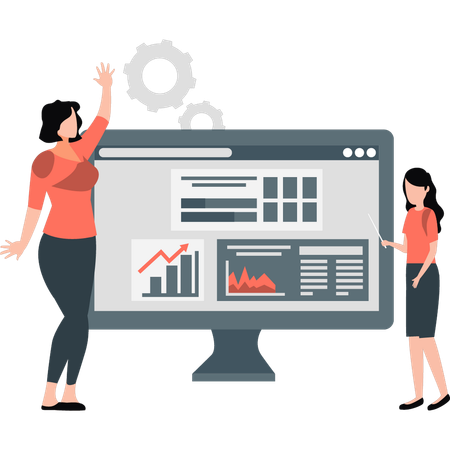 Junge Mädchen analysieren Infografik-Daten auf dem Monitor  Illustration