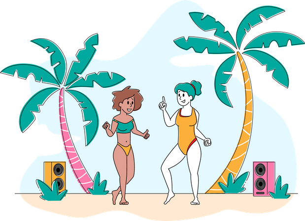 Junge Mädchen genießen Sommer-Strandparty  Illustration