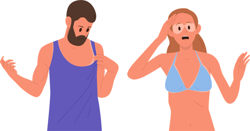 Junge Männer und Frauen mit Sonnenbrand auf Körper- und Gesichtshaut  Illustration