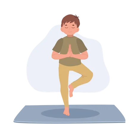 Junge meditiert in Vrikshasana-Baum-Pose  Illustration