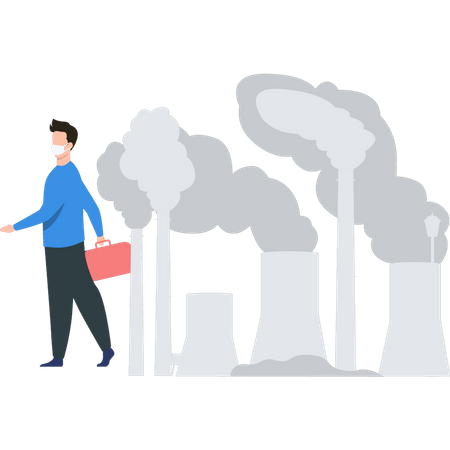 Junge mit Maske läuft in der Nähe der Fabrik  Illustration