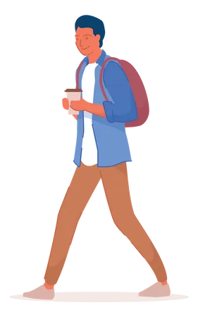 Junge mit Tasche und Kaffeetasse in der Hand  Illustration