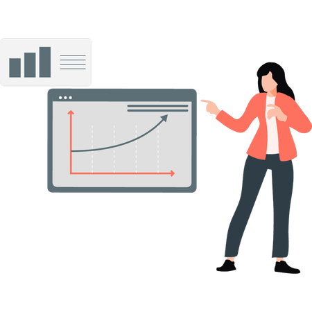 Junge Mitarbeiterin zeigt auf Diagrammlinie  Illustration