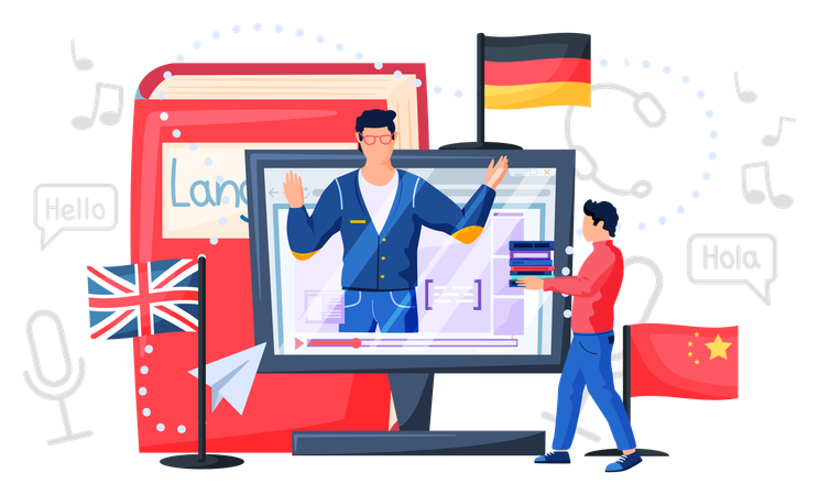 Junge nimmt an Online-Sprachkursen teil  Illustration