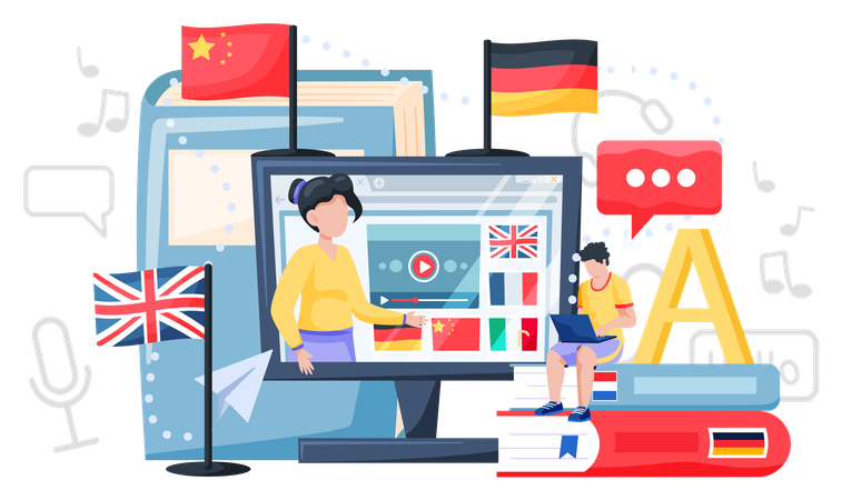Junge nimmt an Online-Sprachkursen teil  Illustration