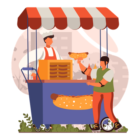 Junge nimmt Hotdog vom Hotdogstand  Illustration