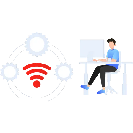 Junge nutzt WLAN auf Monitor  Illustration