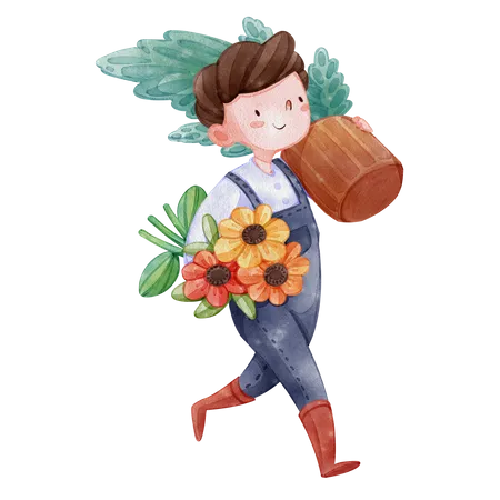 Junge der blumen pflanzt  Illustration