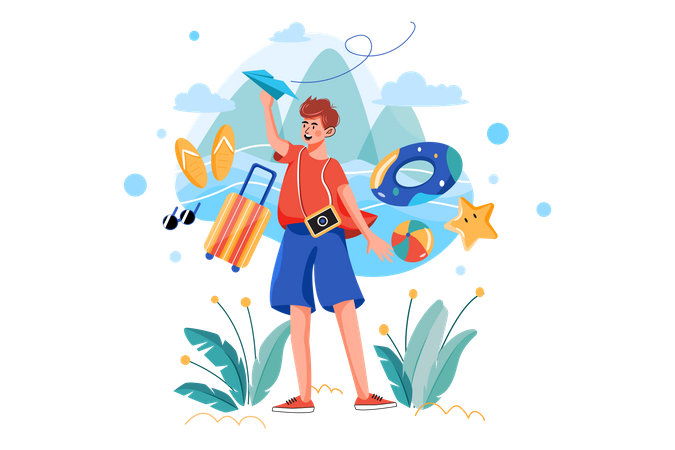 Junge plant eine Urlaubsreise  Illustration