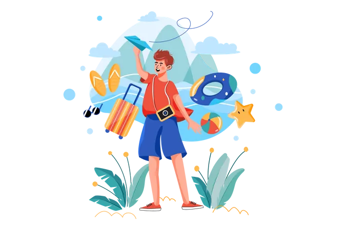 Junge plant eine Urlaubsreise  Illustration