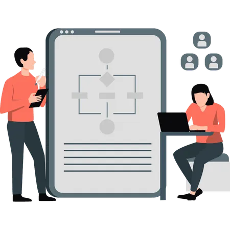 Junge präsentiert Flussdiagramm auf Webseite  Illustration