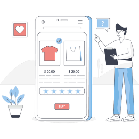 Junge prüft Online-Shopping-Feedback  Illustration