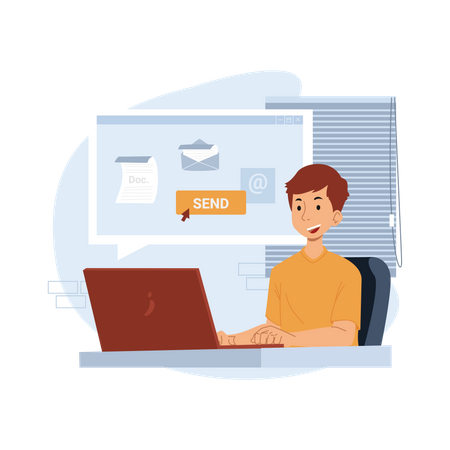 Junge reicht Aufgabe per E-Mail ein  Illustration
