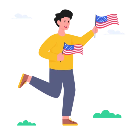 Junge läuft mit USA-Flagge  Illustration