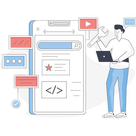 Junge repariert mobile App  Illustration