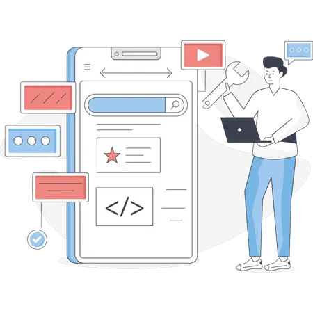 Junge repariert mobile App  Illustration