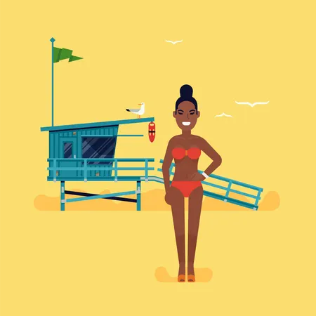Schone Afrikanische Junge Erwachsene Frau Steht Am Sommerstrand Im Roten Zweiteiligen Badeanzug Mit Rettungsschwimmerturm Im Hintergrund Illustration