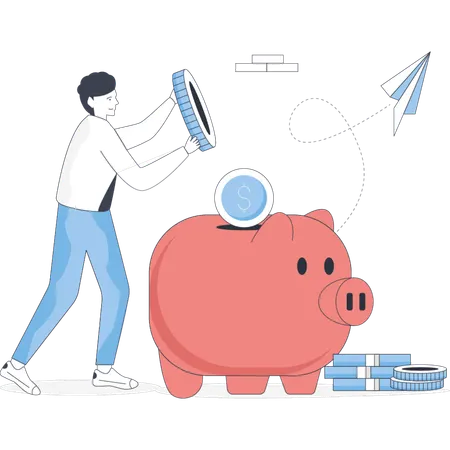 Junge sammelt Geld im Sparschwein  Illustration
