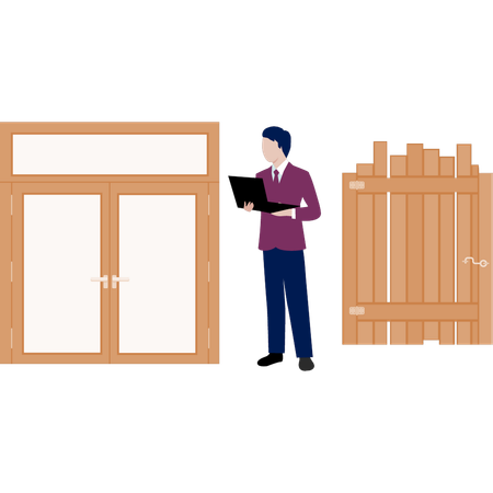 Junge schaut auf Holztür  Illustration