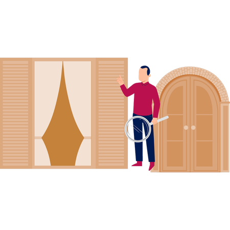 Junge schaut mit Lupe auf Fenster  Illustration