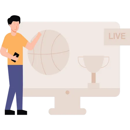 Junge schaut Live-Basketball auf Monitor  Illustration