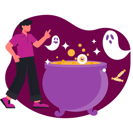 Junge schaut sich Halloween-Kessel an  Illustration