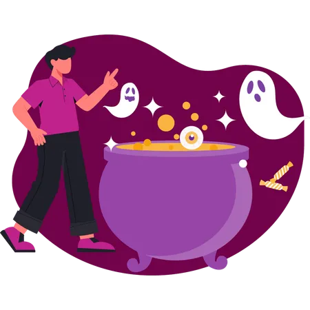 Junge schaut sich Halloween-Kessel an  Illustration