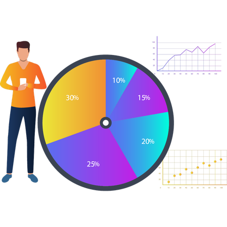 Junge schaut auf Handy in Business-Kreisdiagramm  Illustration