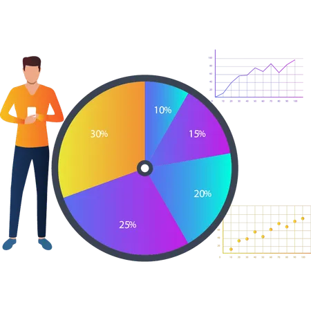 Junge schaut auf Handy in Business-Kreisdiagramm  Illustration