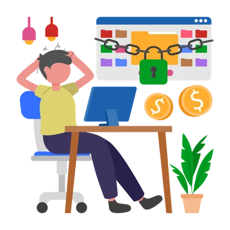 Junge betrachtet Ransomware  Illustration