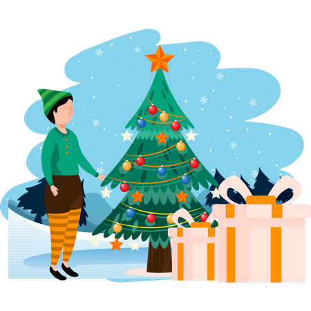 Junge schaut sich Weihnachtsbaum und Geschenke an  Illustration