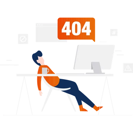 Junge schläft auf Stuhl mit einem 404-Fehlerbildschirm  Illustration