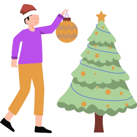 Junge der weihnachtsbaum schmückt  Illustration