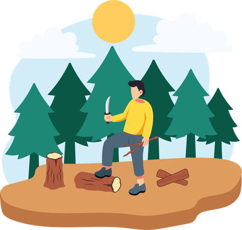 Junge schneidet Holz im Wald  Ilustración