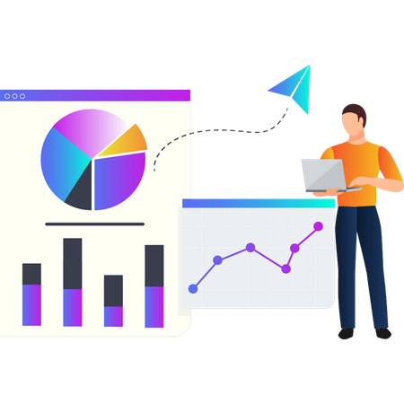 Junge sendet Geschäftsdiagramm vom Laptop  Illustration