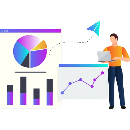 Junge sendet Geschäftsdiagramm vom Laptop  Illustration